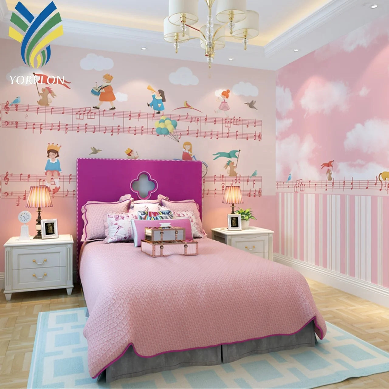 Custom Blue & White Music 3D Kids Cartoon Mural Wall Paper Modern Waterproof Bedroom Decoration for Baby Girls' Room