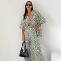 Enyami Minimalist Zebra Pattern Printed Casual Turn Down Top Elastic Waist Trousers Pants 2 Pc Matching Suit Co Ord Set Women