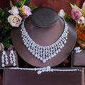 Silver Plated Cubic Zirconia Nigerian Wedding Bridal Long Leaf Tassel Jewelry Set Ring Necklace Earrings Bracelet for Brides