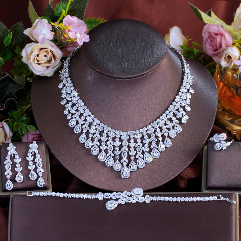 Silver Plated Cubic Zirconia Nigerian Wedding Bridal Long Leaf Tassel Jewelry Set Ring Necklace Earrings Bracelet for Brides