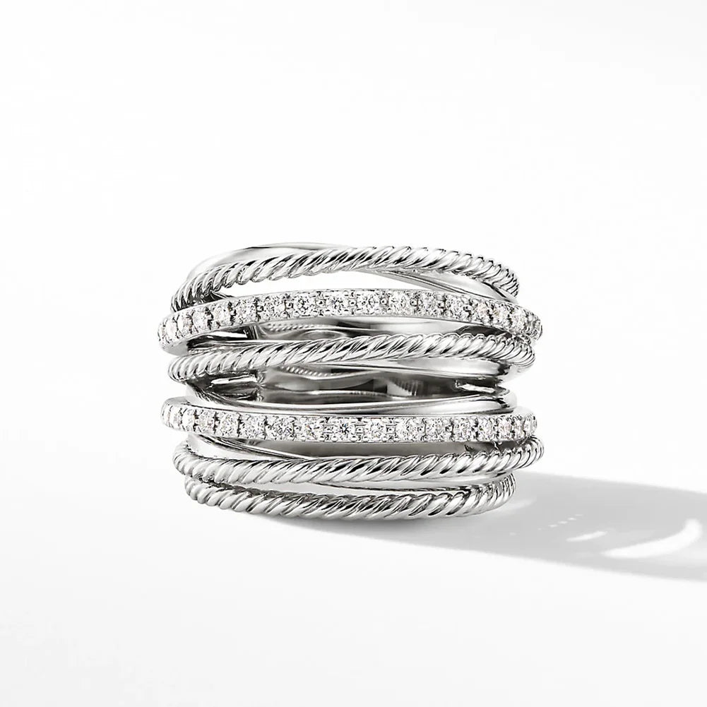 CAOSHI Exquisite Jewelry Multi Layer Weave Lines StackingGems Inlaid Zircon Silver Plated Ring Women Girls