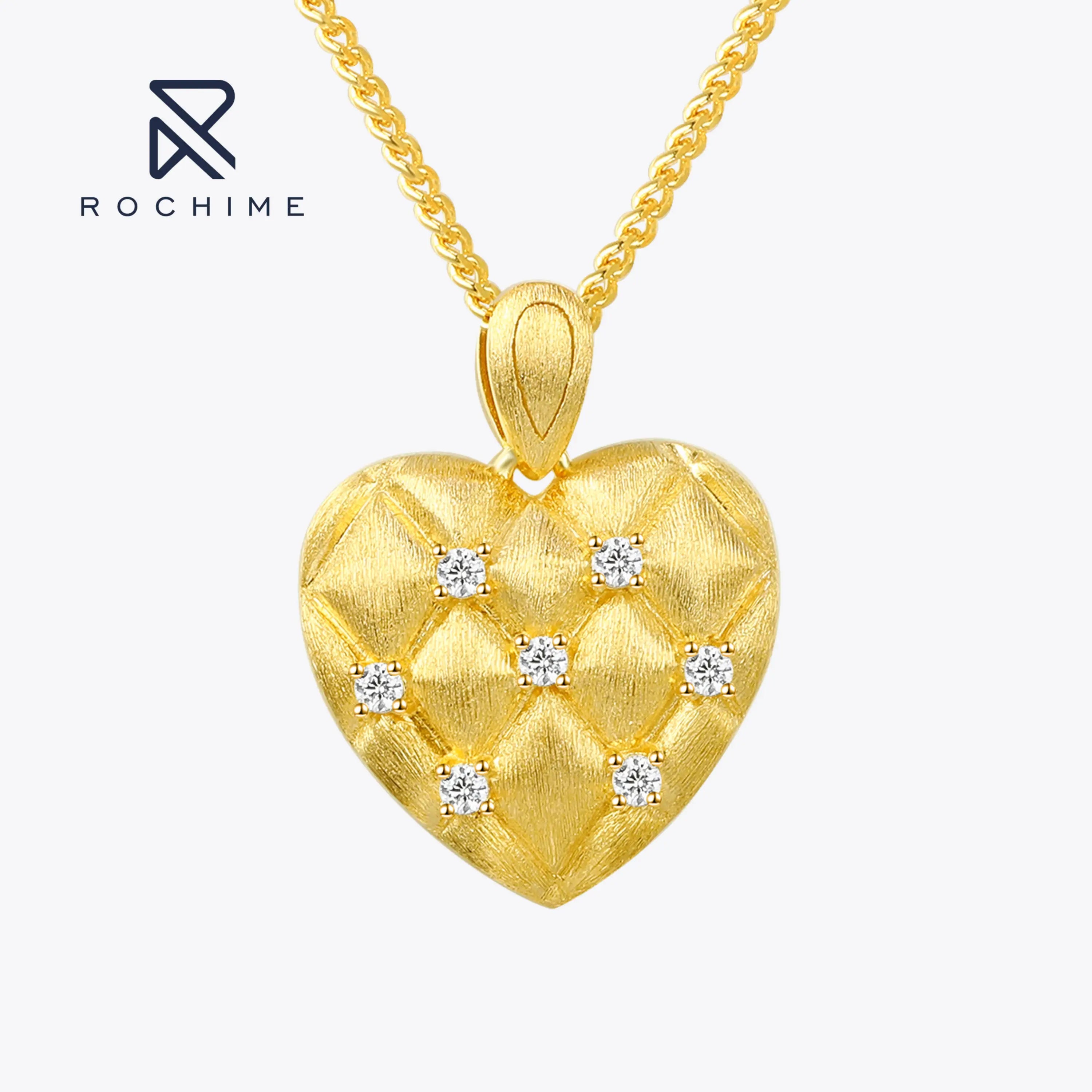 Rochime  Lingge Brushed Heart Necklace  925 Sterling Silver Zircon Fine Jewelry  for Women
