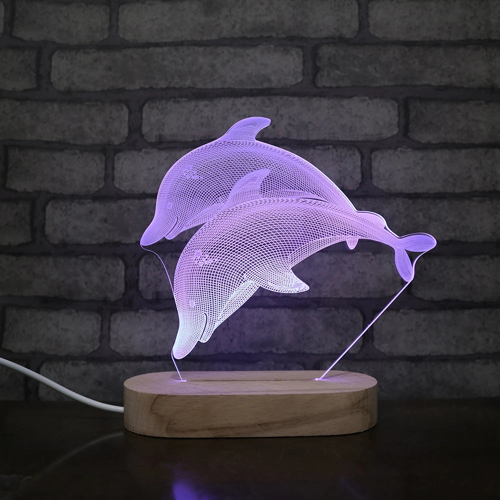 Dolphin Twins Design  Remote Control 3d Led Night Light Wooden Acrylic Kids Gift Lamp  with Colorful RGB Light