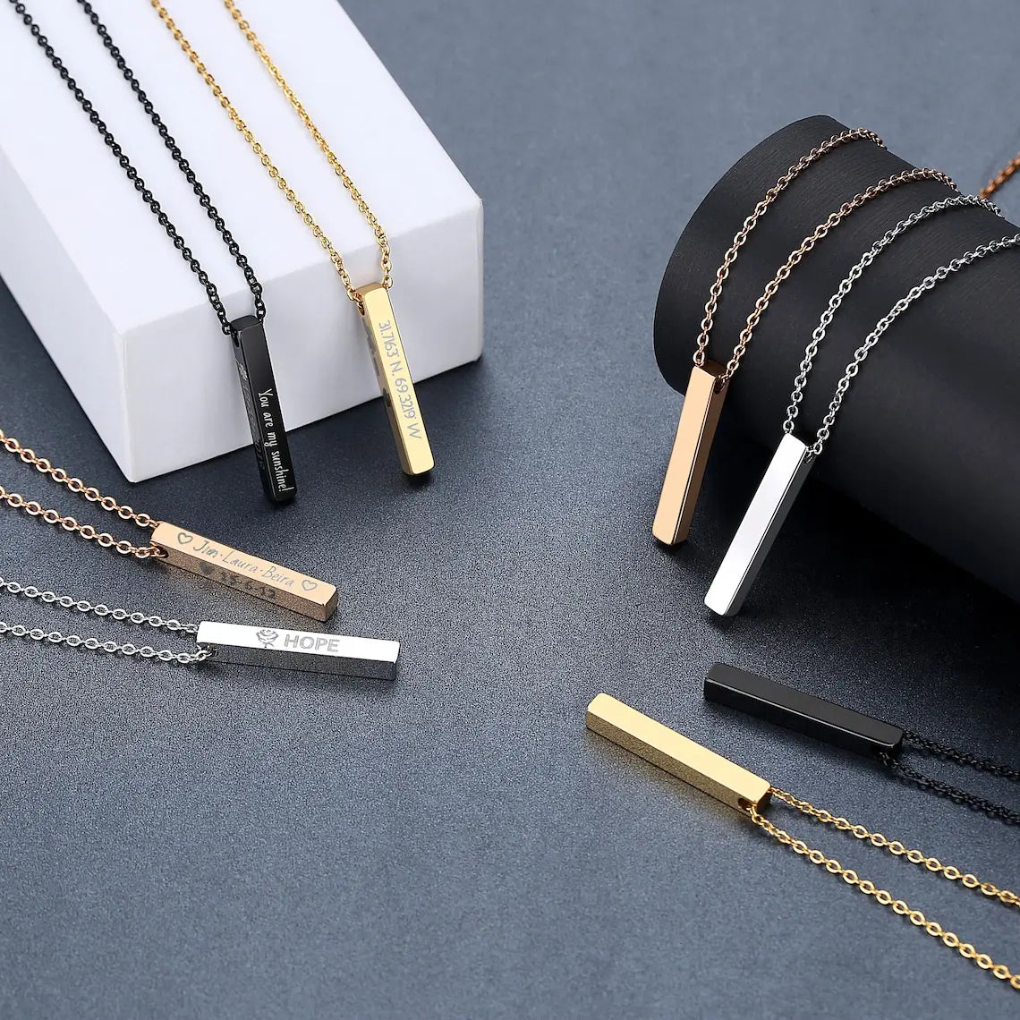 Personalized Saint Valentin Couple Blank Bar Pendant Custom Name Design Jewelry Stainless Steel Vertical Bar Necklace