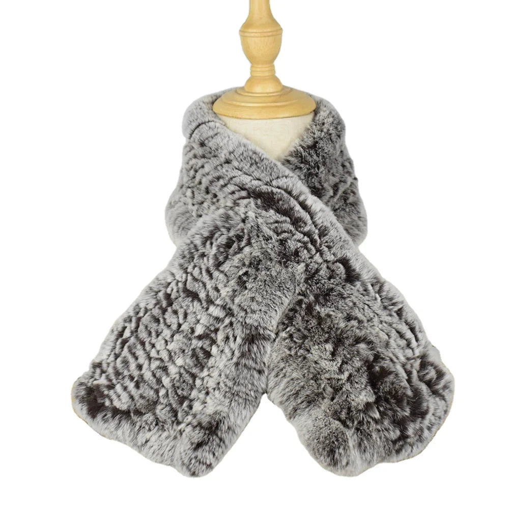 MWFur Luxury Rex Rabbit Fur Scarf for Women Rex Rabbit Fur Collar Scarf Neck Warmer for Lady Fashion Hand Knitted Short Style