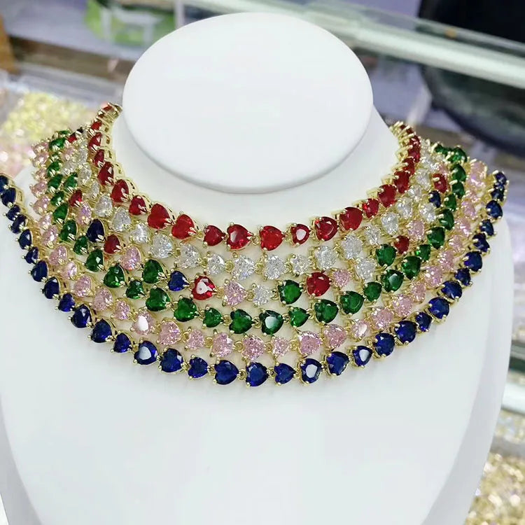 NZ1450 Chic Dainty Gold Rainbow Pink CZ Diamond Cubic Zirconia Heart Charm Tennis Choker Necklace