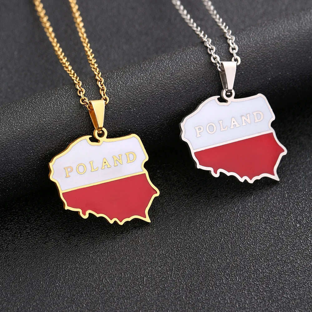 Manufacturer Enameled Poland Map Chain Necklaces Stainless Steel 18K Gold Plated Enamel Poland Flag Map Pendant Necklace
