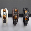 Supports Custom Logo Double Tiger Eye Stones Bracelet Stainless Steel Magnetic Clasp Hand-Woven Multi-Layer Leather Bracelet