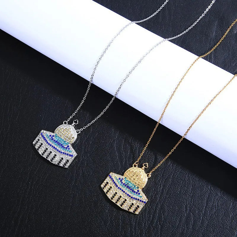 2025 Trendy Crystal Muslim Mosque Necklace Charm Necklace 18K Gold Stainless Steel Chain Necklace Jewelry for Men Women