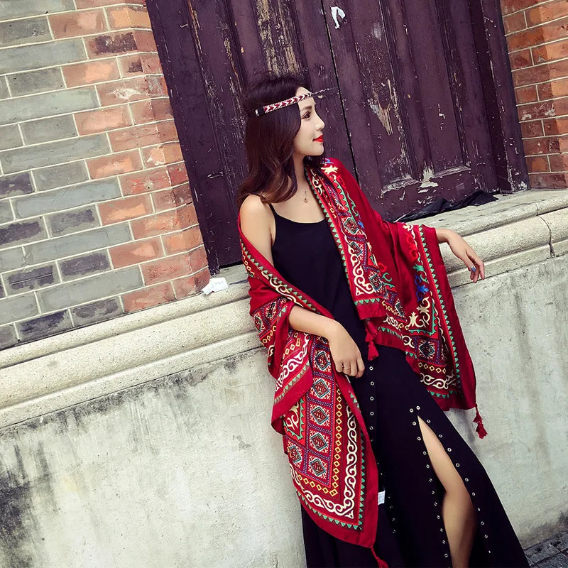 New Arrival Large Size Nepal Bohemian Ethnic Cotton Long Scarf Classic Tassels Simulate Cashmere Embroidery Pashmina Shawl