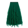 Spring and Autumn Women Mid-Length Mesh Pleated Skirts Elegant High Waist A-Line Long Women Tulle Skirts