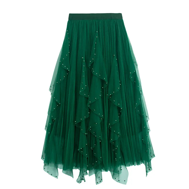 Spring and Autumn Women Mid-Length Mesh Pleated Skirts Elegant High Waist A-Line Long Women Tulle Skirts