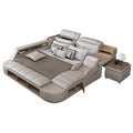 MANBAS Modern Multifunctional Oak Wooden Soft Bed Massage Bed Genuine Leather Upholstery Tech Smart Features Bluetooth Storage