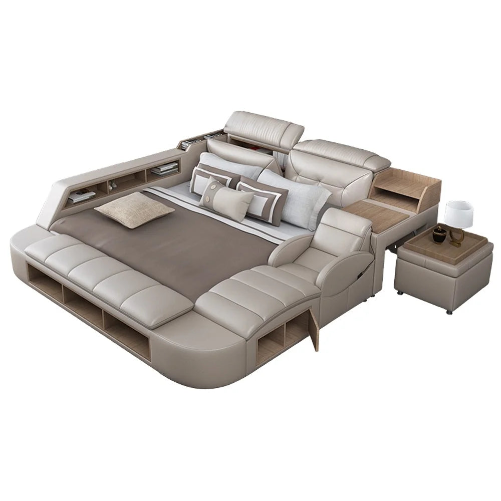 MANBAS Modern Multifunctional Oak Wooden Soft Bed Massage Bed Genuine Leather Upholstery Tech Smart Features Bluetooth Storage