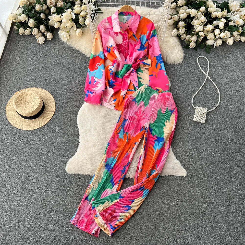 Women's Sets Spring Print Bow Shirt Casual Pants Two Piece Set American Clothing Wholesale