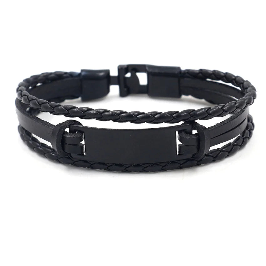 Customizable Laser LOGO Black Plated Alloy Brand Multilayer Woven Leather Bracelet for Men