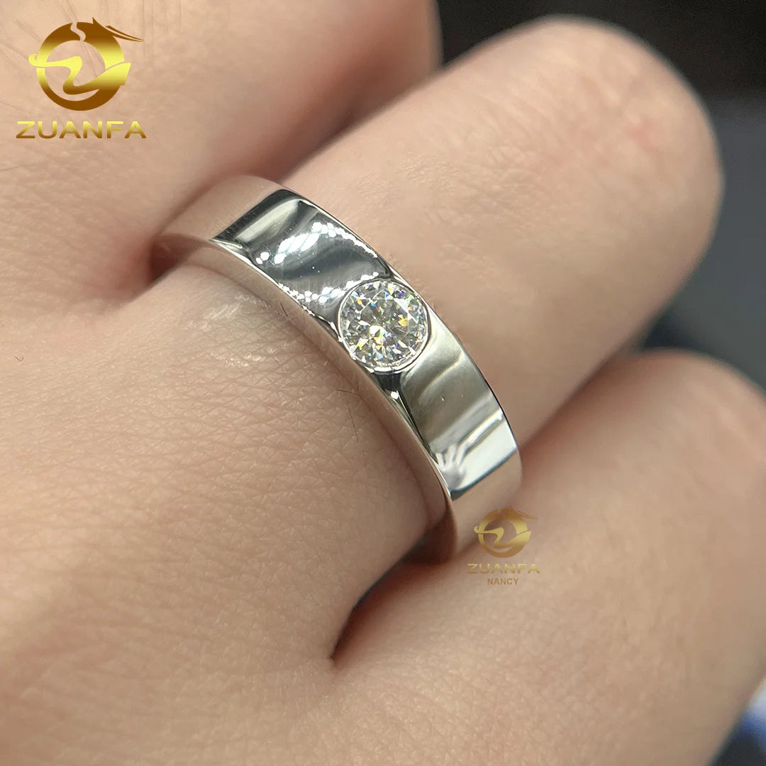 Iced Out Jewelry 10k Silver Single Moissanite Ring VVS Diamond Fashion Simple Wedding Band Men Rings