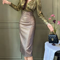 ZYHT 20801 Wholesale Golden Elegant Sequin Long Casual PU Skirt Shiny High Waist Slit Wrap Hip Pencil Midi Skirt Women