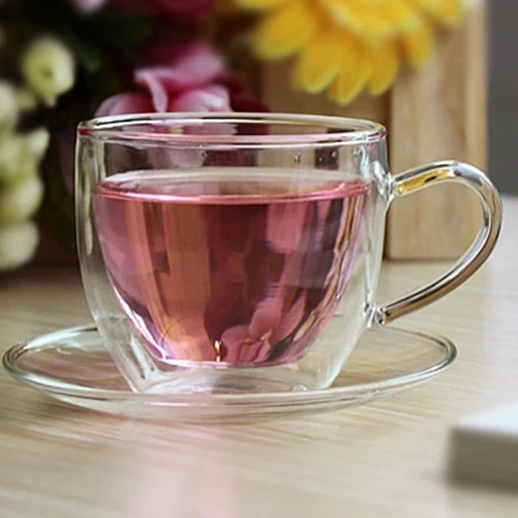 Wholesale 150ml Heat Resistant Double Wall Coffee Milk Flower Glass Tea Cup with Saucer