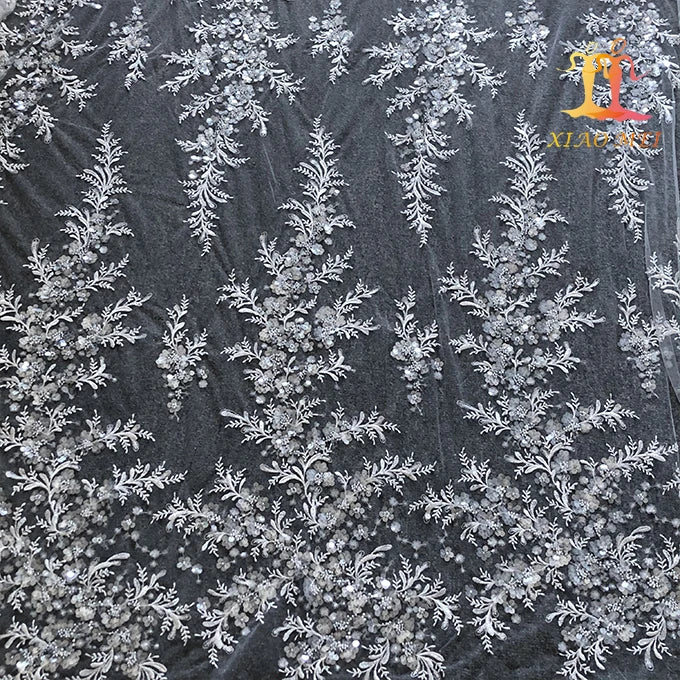High Quality 100% Polyester Eco-Friendly Beaded & Sequined Bridal Mesh Lace Fabric with Tulle Design XM-BF0525