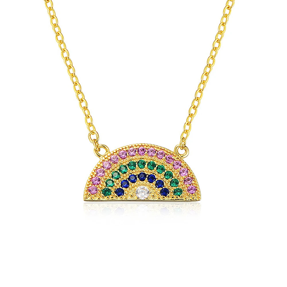 Wholesale Trendy 925 Sterling Silver Gold Plated Pave Setting Color Zirconia Rainbow Pendant Necklace Jewelry for Women Gifts