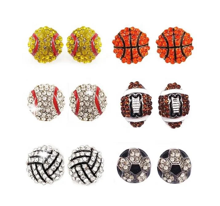 Wholesale Ball Game Crystal Diamond Stud Earrings Baseball Softball Volleyball Football Crystal Earrings