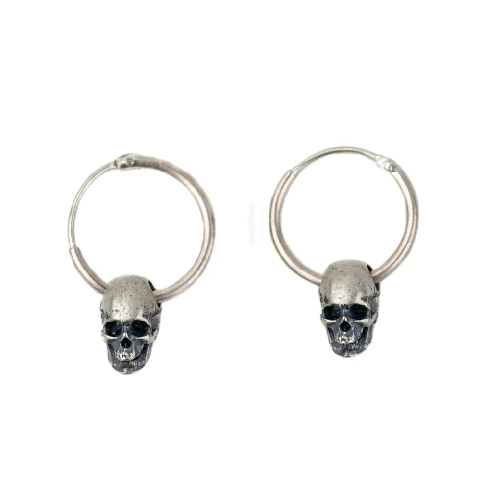 Real 925 Sterling Silver Studs Retro Silver Skull Hook Shape Earrings Studs Gothic Vintage Jewelry for Men and Women
