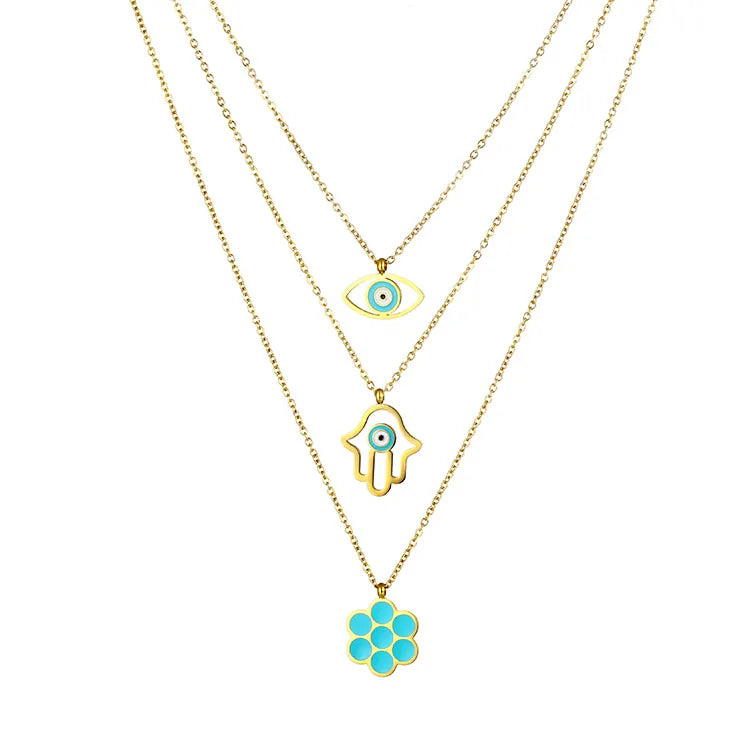 Women Fashion Accessories 3 Layer Blue Eye Necklace Stainless Steel Gold Choker Hamsa Hand Necklace Jewelry