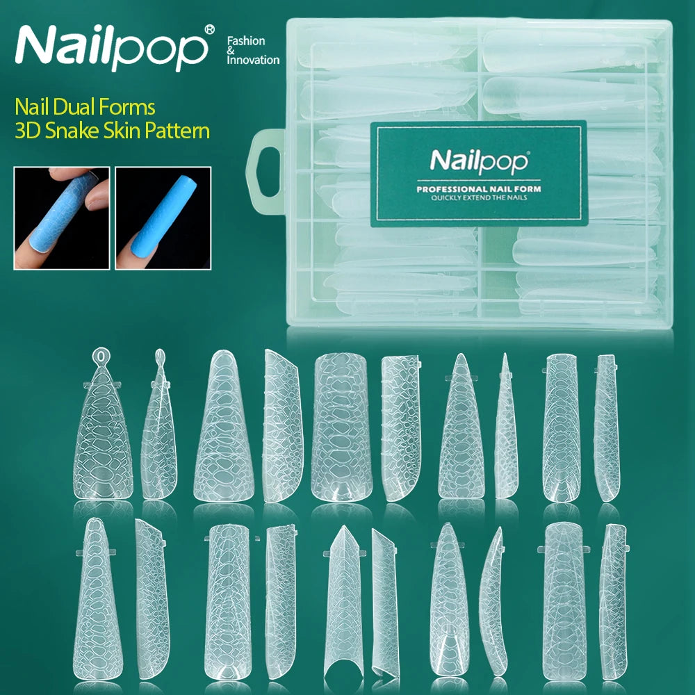 Nailpop 3D Snake Skin Pattern UV Gel Plastic Mold Quick Building Almond Stiletto Coffin Nail Manicure Artificial Fingernails