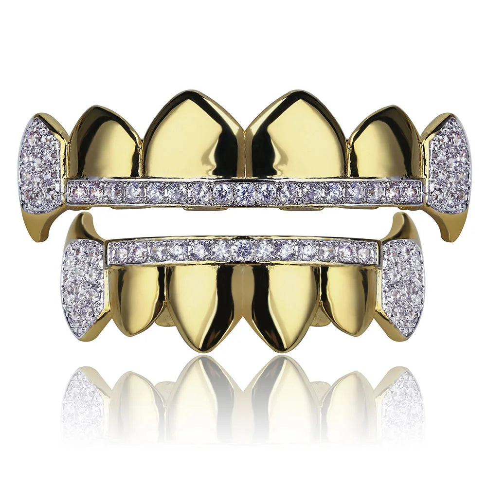 Hip Hop Grillz Teeth Iced Zircon Fang Mouth Teeth Caps Top & Bottom Tooth Set Men Women Vampire Teeth Fashion Jewelry