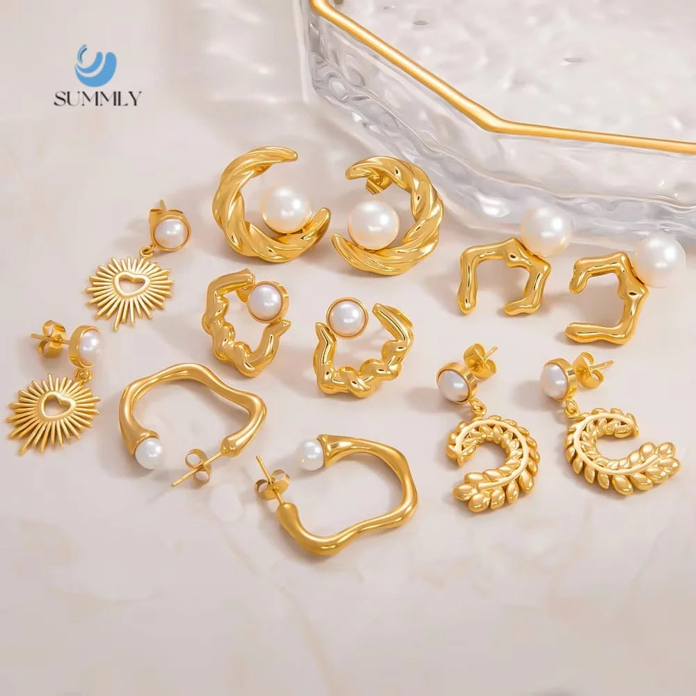 SUMMLY Vintage Wholesale Faux Pearls Premium Light Luxury 18K Gold Plated Stainless Steel Earrings Fashion Jewelry