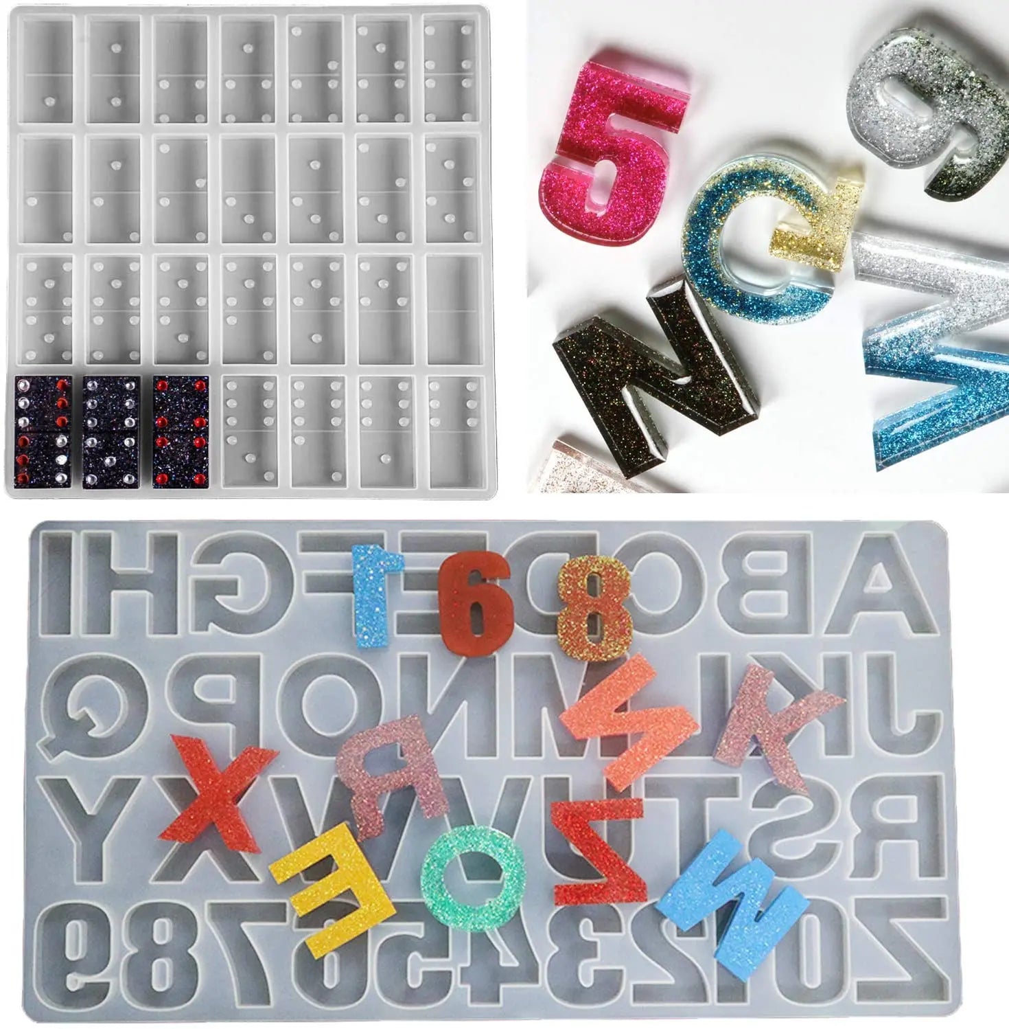 2 Sets Domino and Alphabet Silicone Molds Backward Letter Number Epoxy Molds DIY Making Personalized Jewelry Key Chain