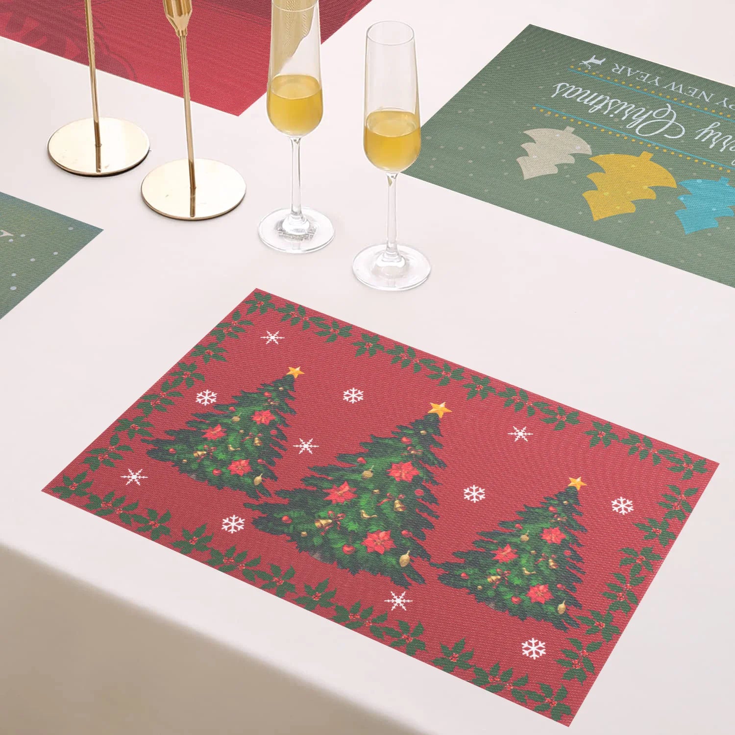 Christmas PVC Synthetic Leather Table Mat Waterproof Anti-Slip Insulation Home Hotel Western Food Decor Woven Square Kitchen