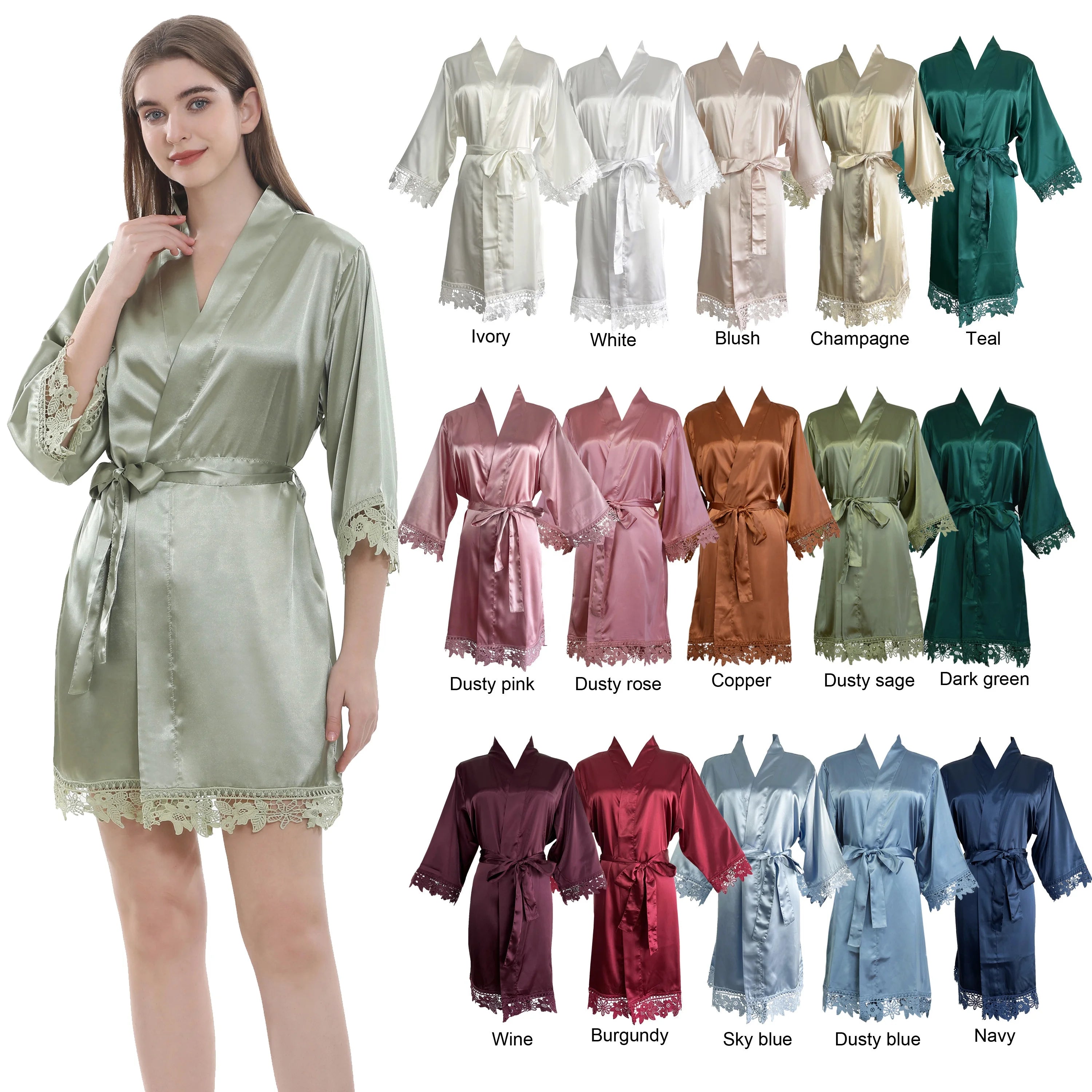 Hot Selling Women's Satin Lace Kimono Style Wedding Robes 15 Colors Autumn Bridesmaid Summer/Spring Sleepwear Quick Dry V-neck