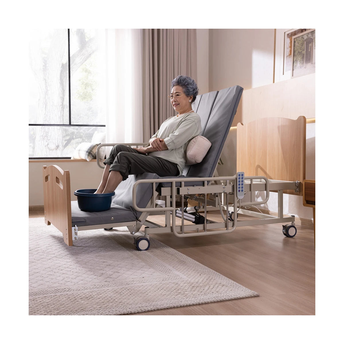 Steel and Wood Electric Hospital Bed with Toilet for Elderly Care Adjustable Nursing Bed with Electric Turning 220KG Capacity