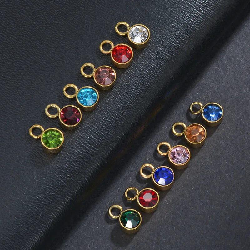 Custom Wholesale 12 Month Birthstone Round Zircon Charm Silver Gold Stainless Steel Jewelry Accessories