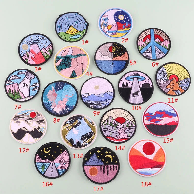 Hot Sale 7.5cm Different Natural Landscape Pattern Iron-On Embroidered Handmade Nonwoven Felt Round Patches Badge