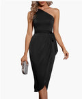 Women's Midi Party Dress with Asymmetrical Sleeveless One Shoulder Wrap Belted Slit Woven Solid Satin Fabric