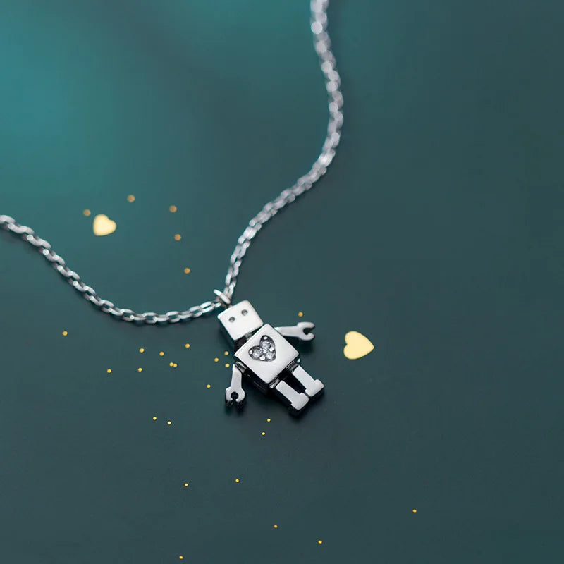 Trendy 925 Sterling Silver Cute Love Heart Robot Pendant Necklaces Fashion Jewelry for Women