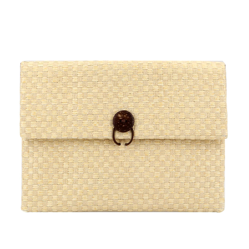 New Listing Eco Friendly Straw Envelope Pouch Bag With Wooden Button Natural Straw Cosmetic Flap Pouch for Women Gift