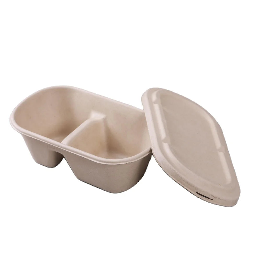 850ml Biodegradable Compostable Disposable Bagasse Pulp Unbleached 2 Compartment Tary Take Away Salad Pasta Sushi Food Container