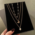 Trendy  Multilayer Gold Chain Pearl Charm Necklace Crystal Butterfly Pendant Necklace for Women Girls