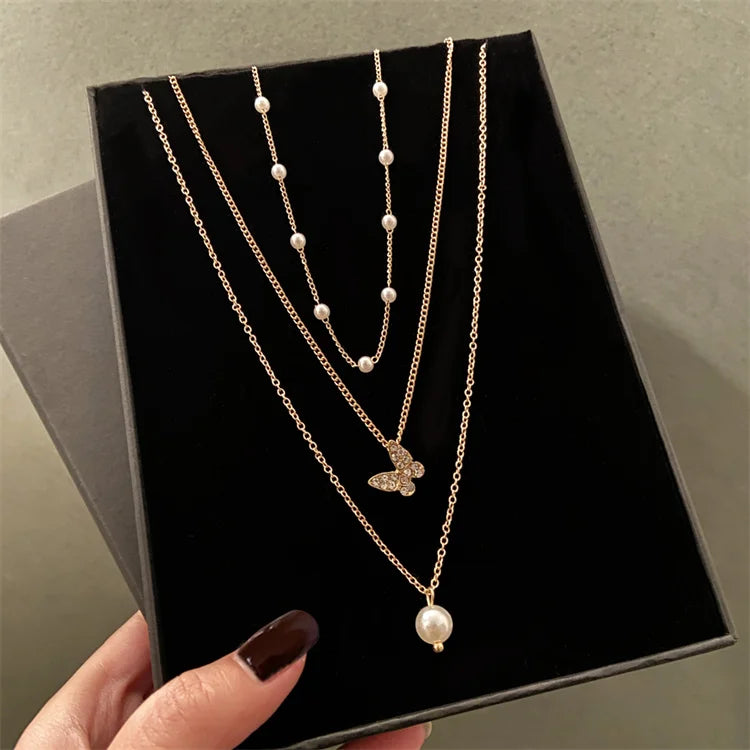 Trendy  Multilayer Gold Chain Pearl Charm Necklace Crystal Butterfly Pendant Necklace for Women Girls