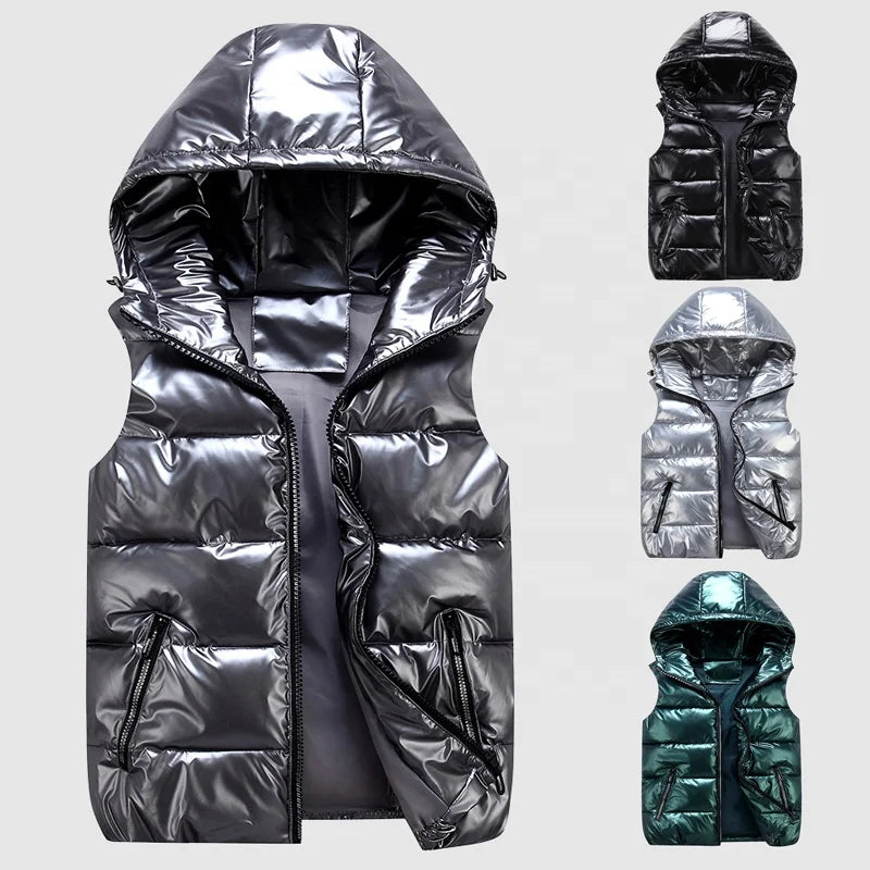 Men Winter Hooded Vest Coat Fashion Glossy Down Cotton Sleeveless Jacket Thicken Warm Vest S-4XL