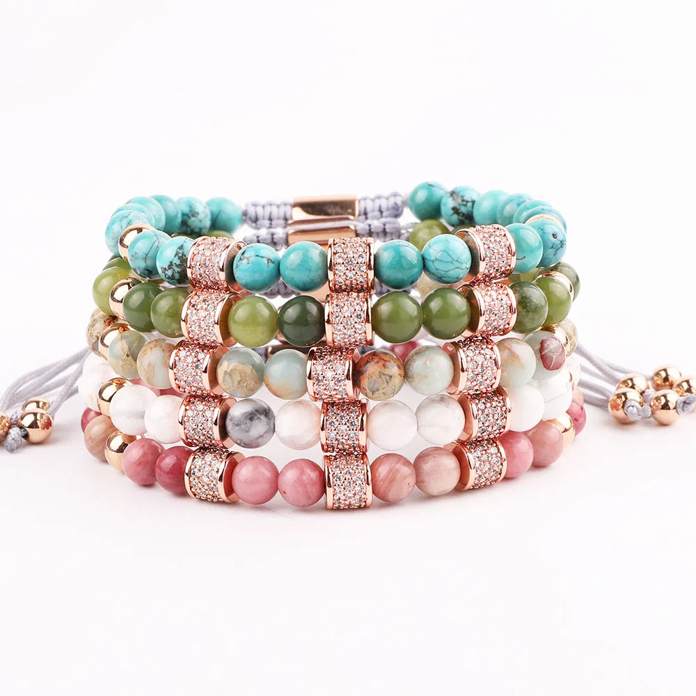 New Design Women Bracelet Luxury CZ Pave Crystal Charm Natural Gemstone Custom Logo Macrame Bracelet Women