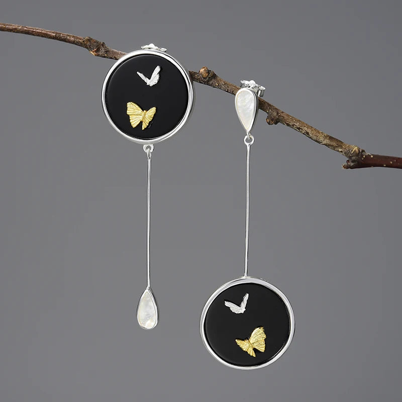 Luxury Natural Agate Stone Flying Butterfly Asymmetrical Long Dangle Earring 925 Sterling Silver 18k Gold Fine Jewelry for Women