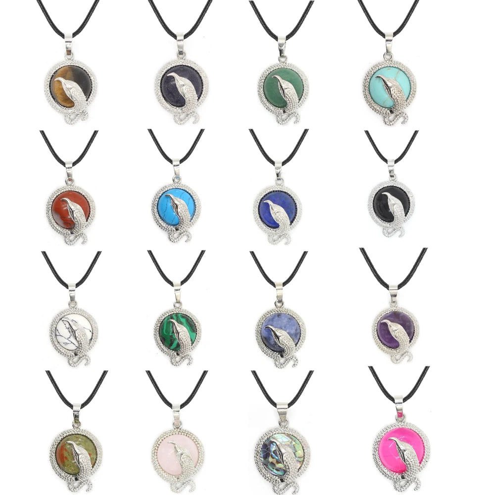 Natural Gemstone Silver Snake Pendant Necklace for Women Men  18Inch Black Leather Healing Crystal Jewelry