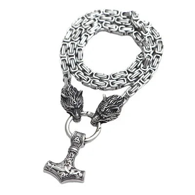 Nordic Viking Wolf Head Thor's Hammer Pendant Necklace Male Amulet Jewelry Stainless Steel  Chain Jewelry