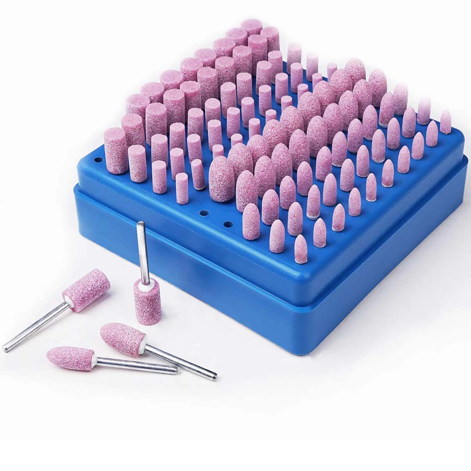 Boasta 100Pcs Mounted Pink Grinding Stones Set 3mm Shank Bullet and Cylinder Abrasive Heads for Jewelry Metal Wood Polishing