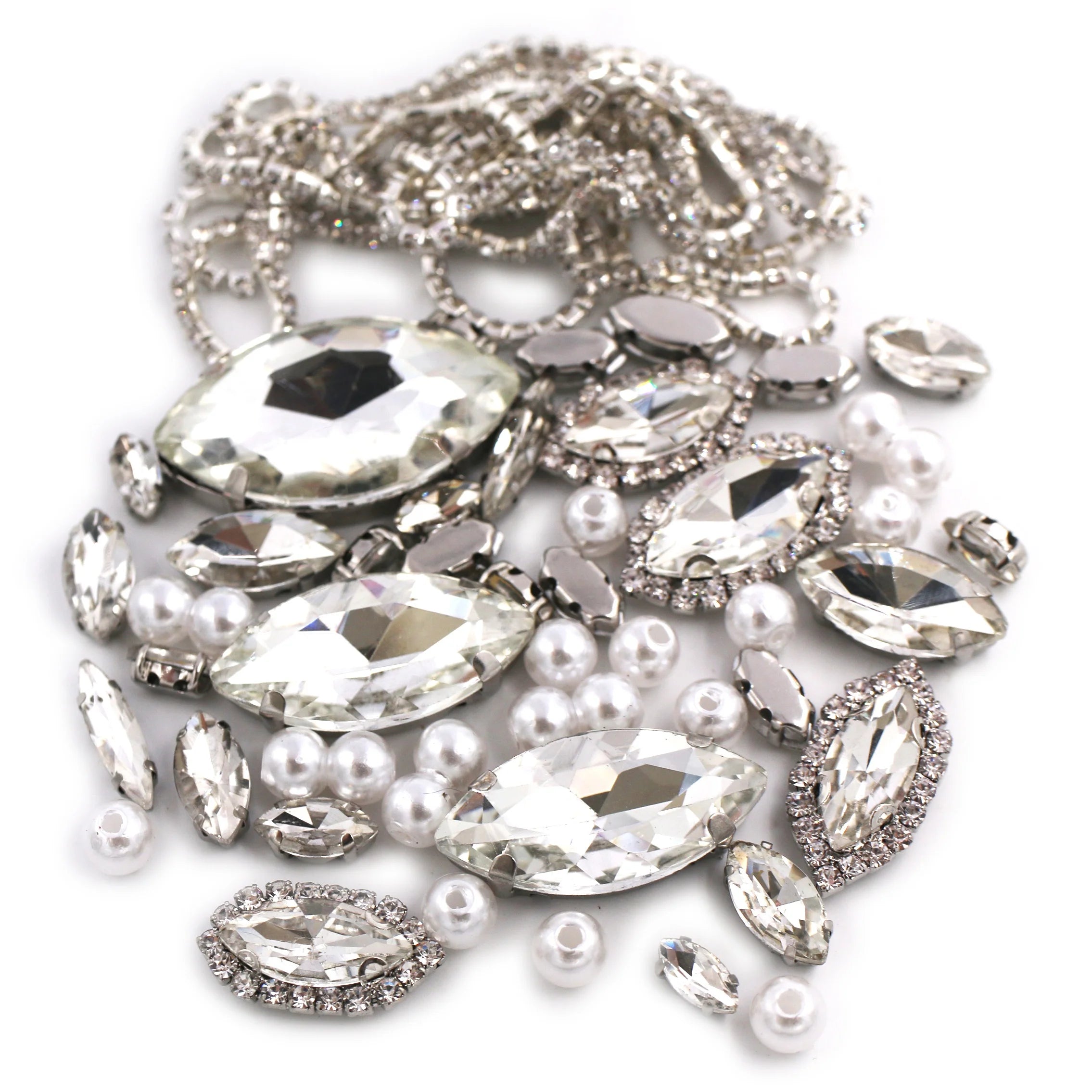 White Horse Eye Mix Size Crystal Glass Sew-on Rhinestones+pearl+cup Chain 50pcs/bag